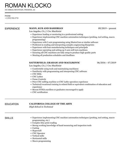 resume for cnc machinist